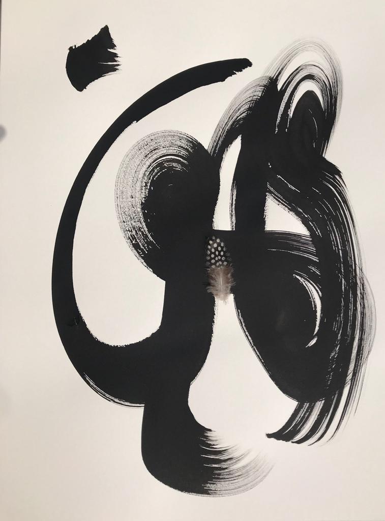 « Virtue is light as a feather that flies in any wind. » Lao Tseu,  02-2019, Chinese ink, one feather, fabriano 46x91cm